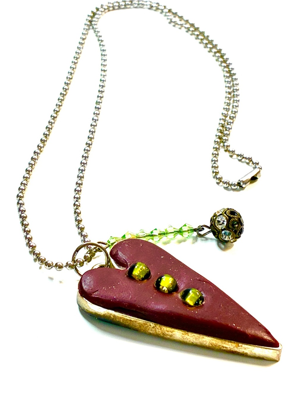 Avant-Garde Handmade BLOOD RED Heart Pendant Necklace with Green Crystal Accents